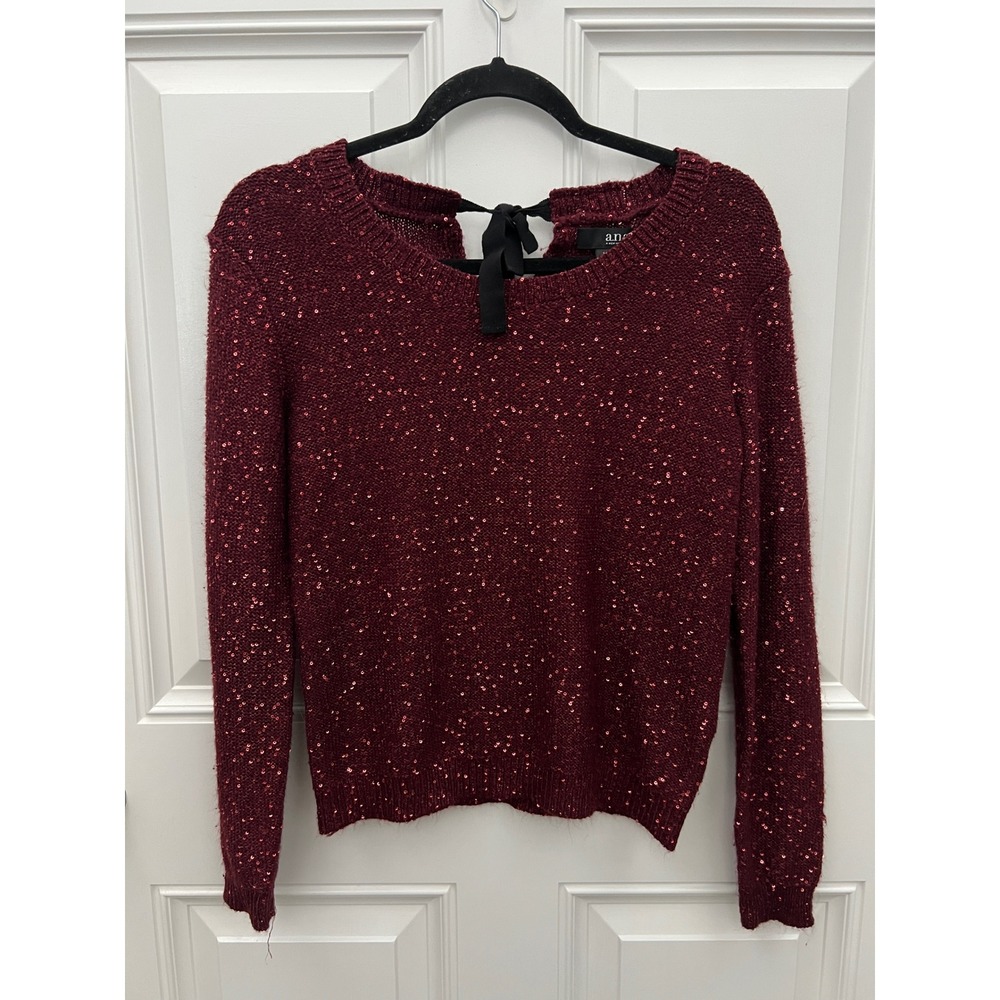 a.n.a Women Sequin Open Back Tie Sweater Burgundy Red Holiday Sparkle XS
